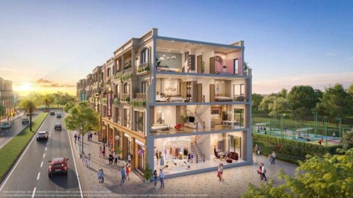 Hình ảnh minh họa phối cảnh shophouse The Green Bay, thể hiện thiết kế công năng từng tầng và không gian kinh doanh – sinh hoạt tiêu biểu, mang tính tham khảo.
